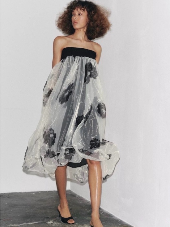 Zara Dresses & Skirts - NWT Zara Organza Cream & Black Floral Strapless dress sz S